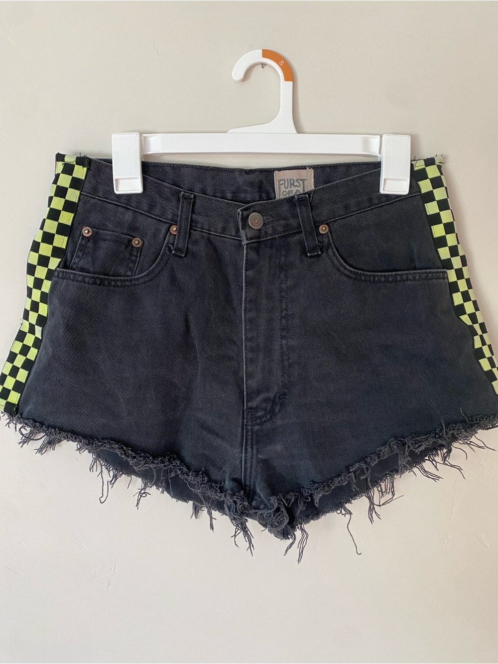 Furst of a Kind Black Denim Shorts with Neon Checker Trim